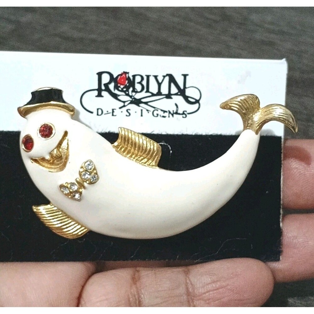 Roblyn Designs White Enamel Dolphin Red Rhinestone Gold Tone VintageBrooch